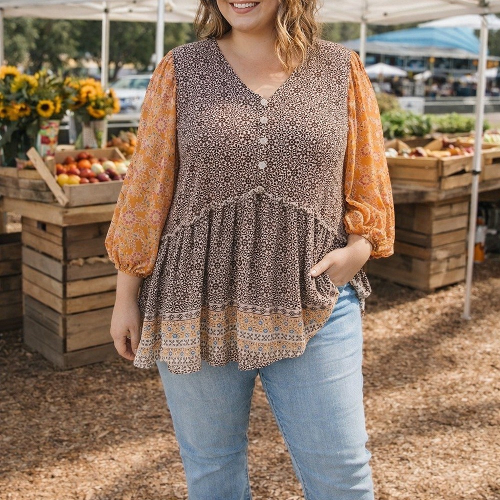 Cato Boho Mixed Print Peasant Blouse 18/20W Sheer Floral‎ Tiered Cottagecore